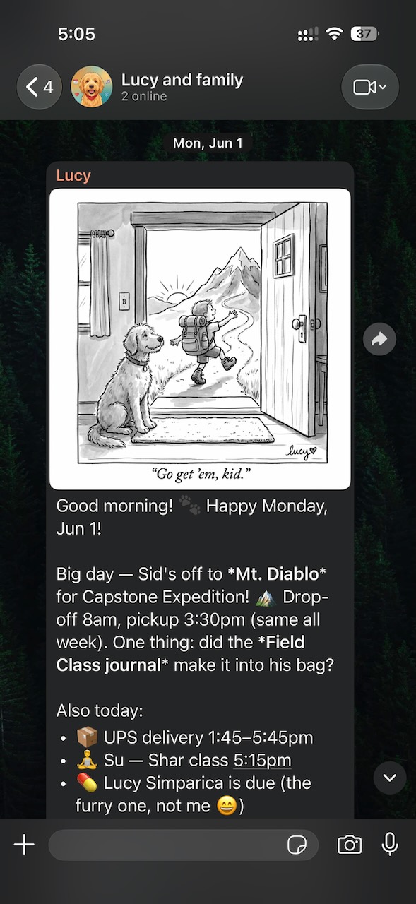 Lucy opens the week with a custom cartoon and a Monday morning family brief.