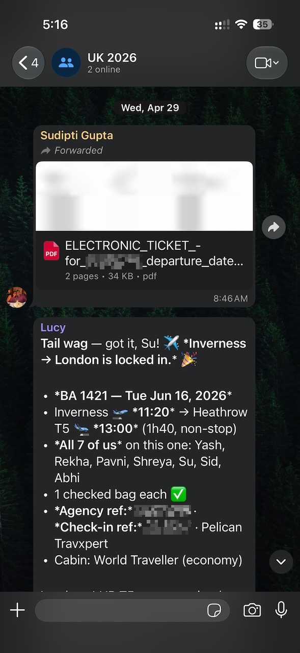 Lucy files an Inverness flight ticket PDF into the shared trip memory.
