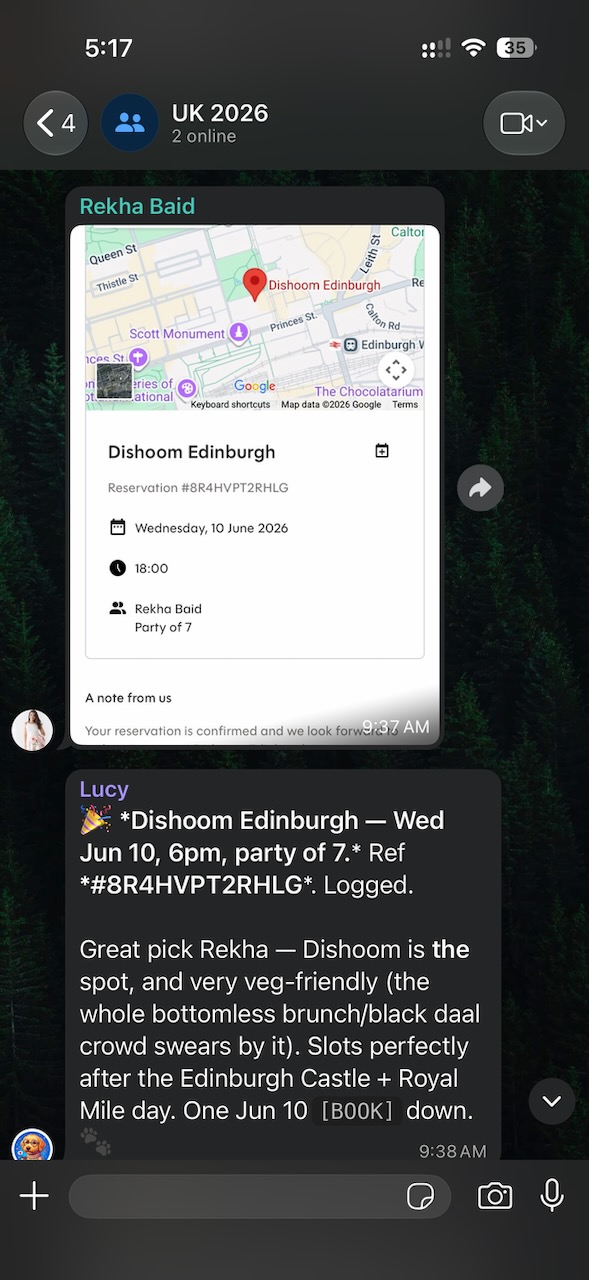 Lucy logs a Dishoom reservation and explains how it fits the day&rsquo;s plan.